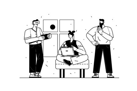 People use gadgets concept with people scene in the flat line cartoon style. Young people use various digital gadgets for entertainment and work. Vector illustration.のイラスト素材