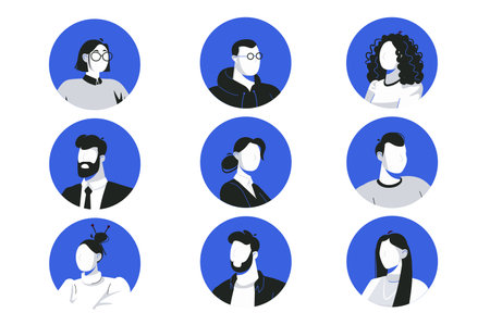 Icons blue and black Characters in the flat cartoon style. Black and white image of the faces of adults with an accent on a blue background. Vector illustration.のイラスト素材