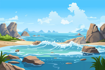 Background rocky beach. An artistic illustration showcasing the rugged beauty of a rocky beach landscape with wild nature. Vector illustration.のイラスト素材
