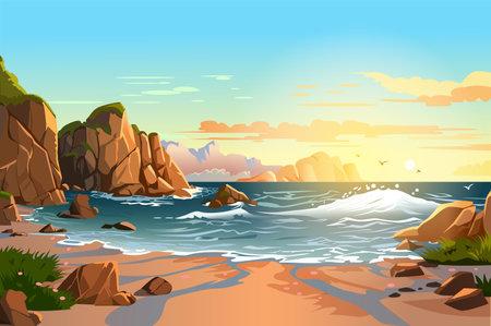 Background sunrise on the beach. A vibrant beach illustration with a captivating design set against a scenic background. Vector illustration.のイラスト素材