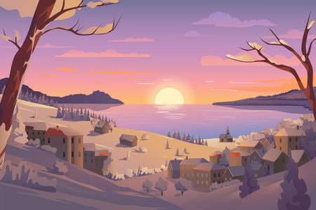 Background winter village. A charming winter village near sea brought to life through an enchanting illustration with a picturesque background. Vector illustration.のイラスト素材