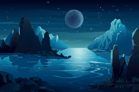 Background night mountains. A breathtaking illustration showcasing the mystic allure of night mountains against a captivating water background. Vector illustration.のイラスト素材