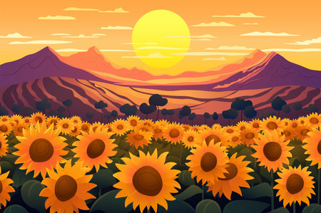 Background field of sunflowers. A stunning illustration capturing the beauty of sunflower fields with a captivating background. Vector illustration.のイラスト素材