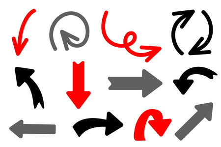 Set of arrow in the flat cartoon style. The arrow illustrations in this red and black design set offer a sleek and modern touch to any visual project. Vector illustration.のイラスト素材