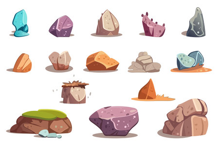 Set of stones in the cartoon design. A beautifully arranged illustration of stones with intricate designs and fantastic colors. Vector illustration.のイラスト素材