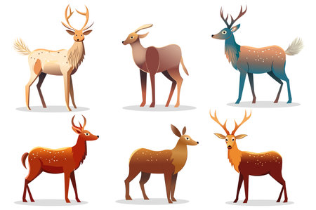 Deer set in the cartoon style. A set of intricately illustrated design featuring majestic deer in their natural habitat. Vector illustration.のイラスト素材