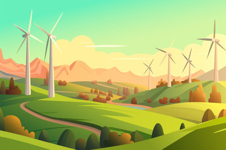 Background field with windmills. A picturesque illustration featuring a charming design of a vast field of modern windmills. Vector illustration.のイラスト素材