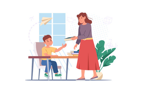 Teacher and child concept with people scene in the flat cartoon style. The teacher gives the student an interesting book to read. Vector illustration.のイラスト素材