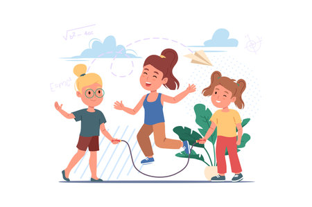 Playing at the schoolyard concept with people scene in the flat cartoon design. Girls play with jump rope in the yard during recess. Vector illustration.のイラスト素材