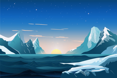 Background glaciers. A breathtaking illustration depicting the majestic beauty of majestic glaciers against the background of the ocean and rays of the sun. Vector illustration.のイラスト素材