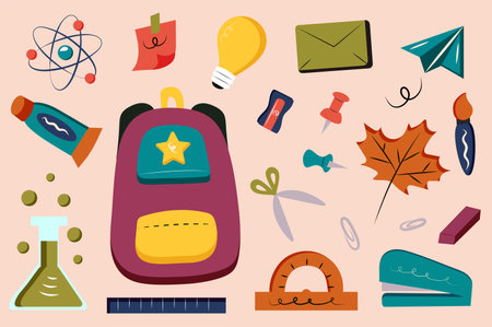 School set in the flat cartoon design. Vibrant and educational school illustration designed with creative and style school supplies. Vector illustration.のイラスト素材