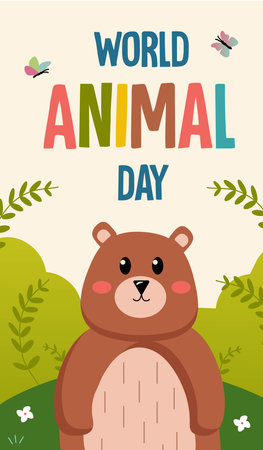 Poster dedicated to World Animal Day in flat design. Whimsical book cover with bear on the background in a flat style, dedicated to the importance of World Animals Day. Vector illustration.のイラスト素材