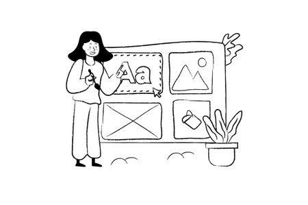 Web design concept with people scene in the flat line cartoon design. A creative designer works on the layout of a website and its design. Vector illustration.のイラスト素材