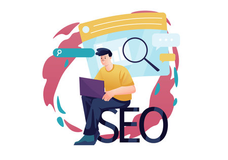 SEO concept with people scene in the flat cartoon design. The specialist works on improving the visibility of Internet sites. Vector illustration.のイラスト素材