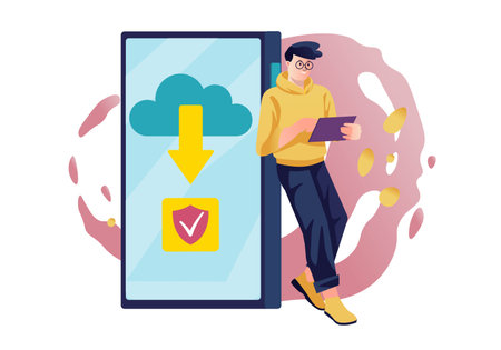 Concept download app with people scene in the flat cartoon style. An experienced gadget user downloads a new mobile app to try it out. Vector illustration.のイラスト素材