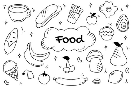 Line set Food in cartoon design. Captivating black and white design set featuring food-themed illustrations, intricately crafted with delicate lines and artistic flair. Vector illustration.のイラスト素材