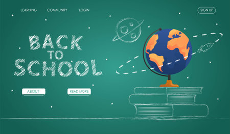 School banner. A cheerful "back to school" banner with a vivid cartoon design and a refreshing green background illustration of globus on the foreground. Vector illustration.のイラスト素材
