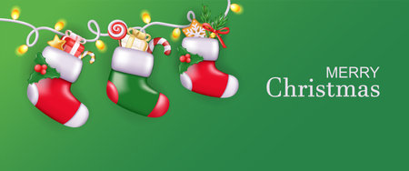 Christmas banner. Captivatingly designed with a festive theme, this illustration in green hues brings out the joy of Christmas. Vector illustration.のイラスト素材