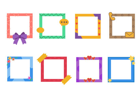 Frame set in cartoon design. The illustration shows different frames for photos or funny pictures, all of them decorated with different decorations. Vector illustration.のイラスト素材