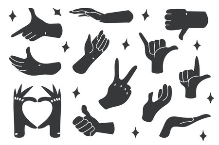 Hand set in cartoon design. Design captures gestures and emotions in a vibrant style, making it ideal for conveying diverse messages and ideas. Vector illustration.のイラスト素材