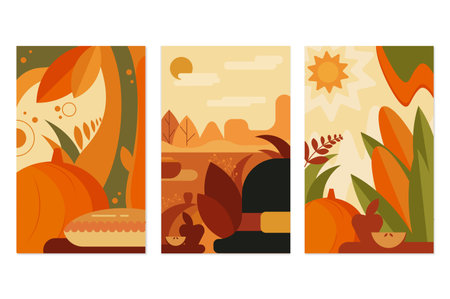 Thanksgiving day banners in cartoon design. Thanksgiving Day posters materials with a burst of creative elements, infusing them with warmth and holiday spirit. Vector illustration.のイラスト素材