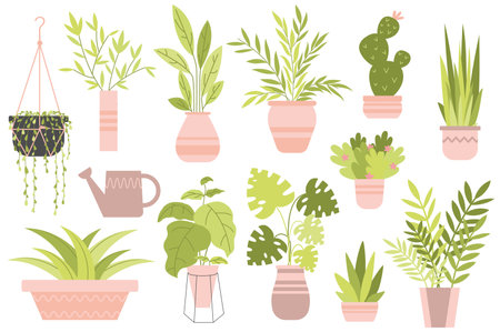 Home flowers set in cartoon design. The decoration of the collection of wonderful plants in pots is delicate colors and shades that convey a homely atmosphere. Vector illustration.のイラスト素材