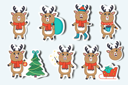 Deer set in cartoon design. Winter-themed illustration set in a delightful flat design, showcasing cute deer characters in a charming sticker-style format. Vector illustration.のイラスト素材