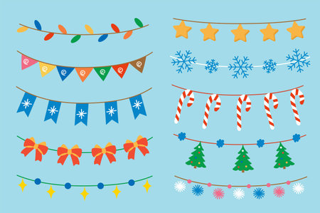Set of garlands in flat cartoon design. Stickers, designed with a Christmas theme and set against a blue background with bright garlands, are sure to bring holiday cheer. Vector illustration.のイラスト素材
