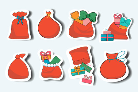 Set of bags with presents in cartoon style. This set in a charming sticker style, captures the essence of the Christmas theme with a cheerful red bag filled with presents. Vector illustration.のイラスト素材