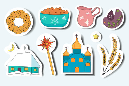Ukrainian Christmas set in cartoon design. Showcasing beauty of Ukrainian Christmas with this set of flat design illustrations, presented in a charming sticker style. Vector illustration.のイラスト素材