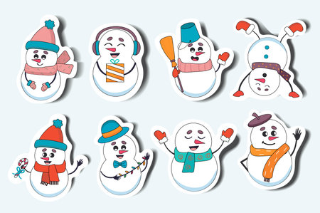 Set of stickers snowmen in cartoon style. These sticker-style flat design illustrations of funny snowmen perfectly capture the joy and playfulness of the winter season. Vector illustration.のイラスト素材