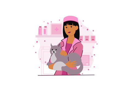 Veterinarian concept with people scene in the flat cartoon design. The woman helps all pets and knows how to take care of them. Vector illustration.のイラスト素材