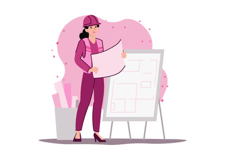 Woman architect concept with people scene in the flat cartoon style. A woman develops a house project in detail so that people can live there comfortably. Vector illustration.のイラスト素材