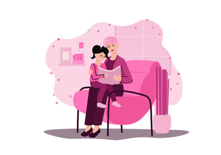 Grandmother and granddaughter concept with people scene in the flat cartoon design. Grandma spends a lot of time with her little granddaughter and reads her fairy tales. Vector illustration.のイラスト素材