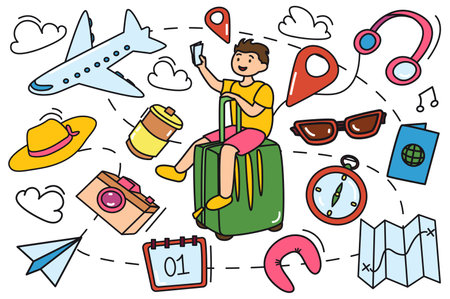 Travel colorful stickers in flat design. Collection of cartoon-style travel stickers of bags, planes, tickets, designed to bring a playful, travel-inspired feel to creations. Vector illustration.のイラスト素材