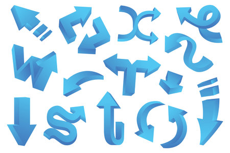 3D arrows set in flat cartoon style. This collection of beauty design illustrations featuring dynamic 3D blue arrows, perfect for creating a sense of motion and direction. Vector illustration.のイラスト素材