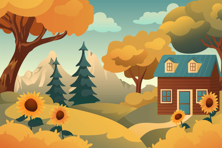Autumn landscape background in cartoon design. The wonderful illustration shows a cozy wooden hut in the middle of the beauty of autumn nature. Vector illustration.のイラスト素材