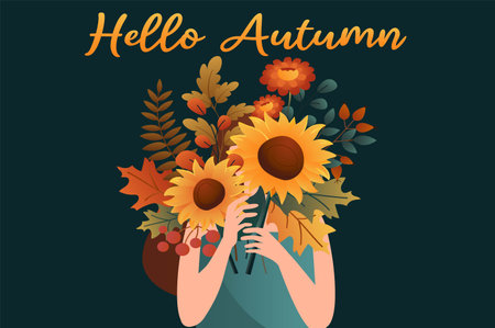 Background autumn bouquet in a cartoon design. The girl is holding a beautiful bouquet of seasonal flowers, including sunflowers, carnations and others. Vector illustration.のイラスト素材