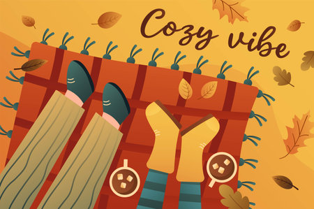 Cozy vibe autumn background in a cartoon style. Friends welcome a wonderful cozy season together and have a picnic to have fun. Vector illustration.のイラスト素材