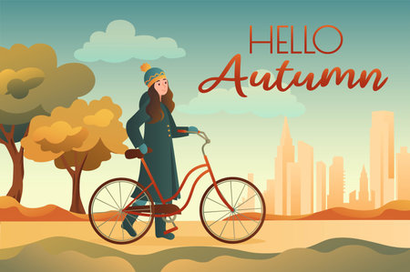 Hello autumn background in a cartoon style. The girl enjoys the autumn weather and rides a bicycle in a cozy park. Vector illustration.のイラスト素材