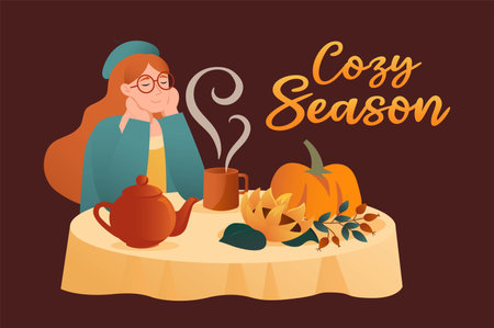 Cozy season autumn background in a cartoon style. The girl enjoys the autumn coziness and the delicacies of the autumn harvest. Vector illustration.のイラスト素材