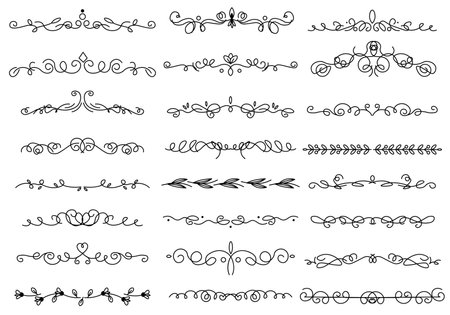 Flat cartoon set of swirly dividers. An illustration set with stylish black twisted dividers designed in a playful cartoon motif that will be a decoration of any design. Vector illustration.のイラスト素材