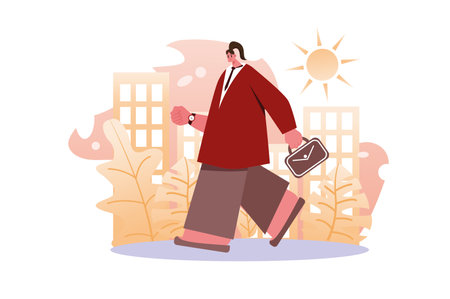 Late for work and body positive concept with people scene in the flat cartoon style. A pretty girl rushes to work because she doesnt want to be late. Vector illustration.のイラスト素材