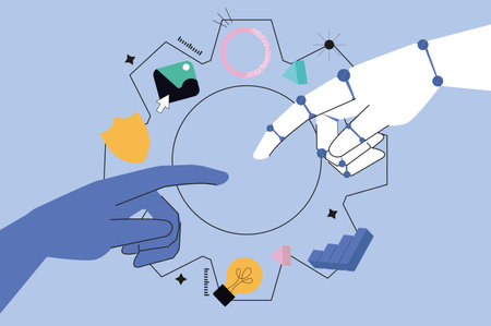 AI hands concept in the flat cartoon style. The connection of a human hand and a robot hand symbolizes the development of AI technologies. Vector illustration.のイラスト素材