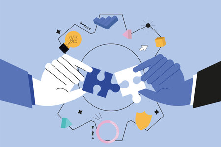 Teamwork hands concept in the flat cartoon design. Hands putting together a joint puzzle symbolize the importance of teamwork in any process. Vector illustration.のイラスト素材