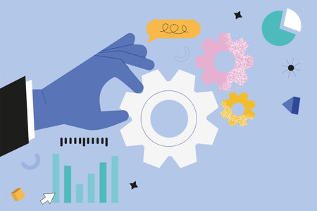 Business process hands concept in the flat cartoon style. A businessmans hand starts a complex mechanism of his own business, which consists of many parts. Vector illustration.のイラスト素材