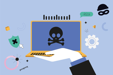 Hacker attack hands concept in the flat cartoon style. Hacking a laptop, which is the central object, symbolizes the importance of computer protection. Vector illustration.のイラスト素材