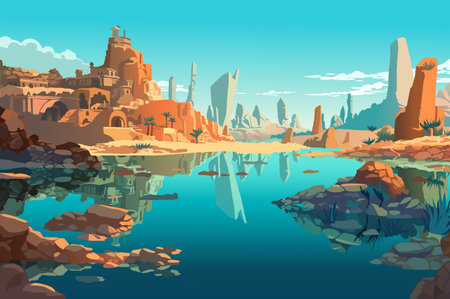 Background sunken city in the flat cartoon design. Hauntingly beautiful world on this illustration of a sunken city show remnants of human civilization. Vector illustration.のイラスト素材