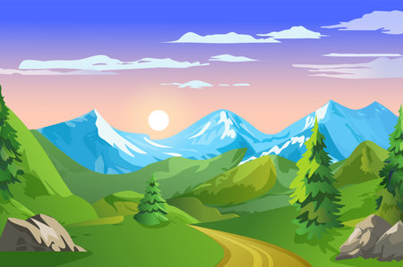 Background mountains in the flat cartoon design. The illustration unfolds against a backdrop of towering mountains, their peaks reaching towards the sky. Vector illustration.のイラスト素材