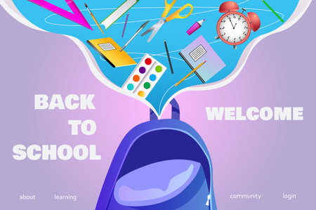 Concept banner back to school. A cheerful violet banner proudly announcing the arrival of a new school year with enthusiasm and warmth. Vector illustration.のイラスト素材